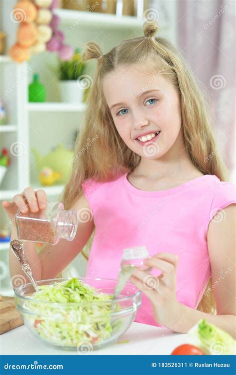 portrait of cute girl preparing delicious fresh salad stock image image of leisure board