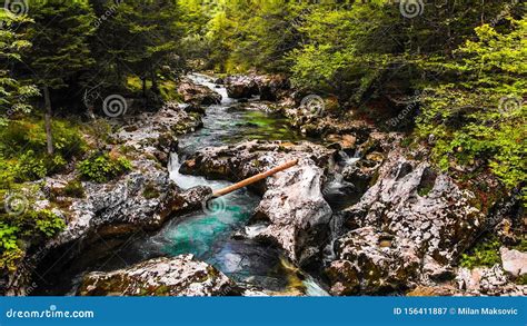 Beautiful Turquoise Blue Water In The Forest River Mostnica Gorge In