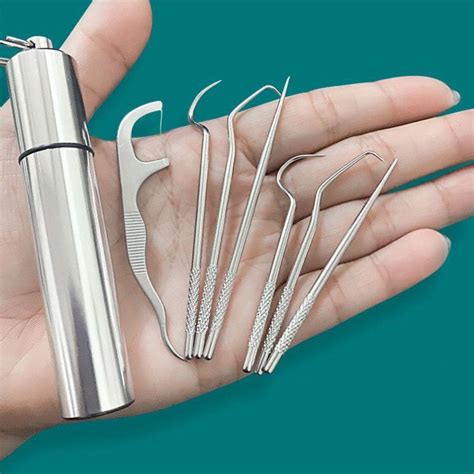 7 In 1 Portable Stainless Steel Toothpicks And Floss Set With 2 Straigh