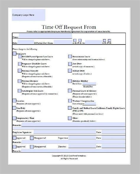 Simple Time Off Request Template Downloadable Printable Form Etsy