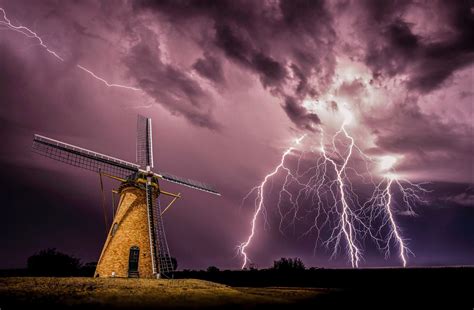 Windmills Lightning Storm Clouds Night Electricity Nature