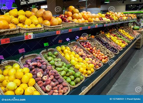 Supermarket Fruit Zone A Variety Of Fruits On Shelves Of Store Stock