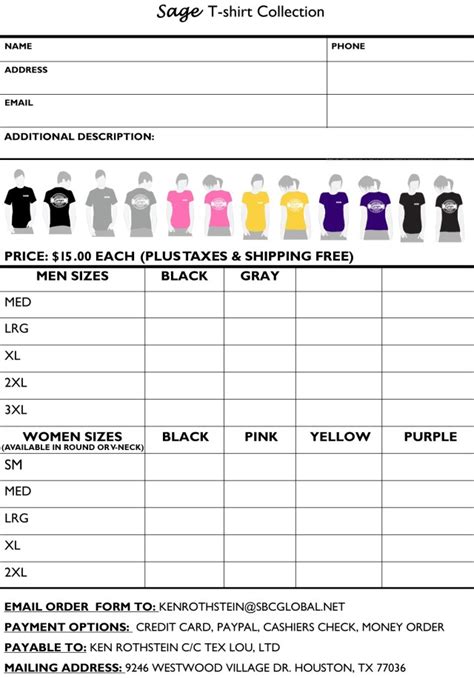 Printable Downloadable T Shirt Order Form Template