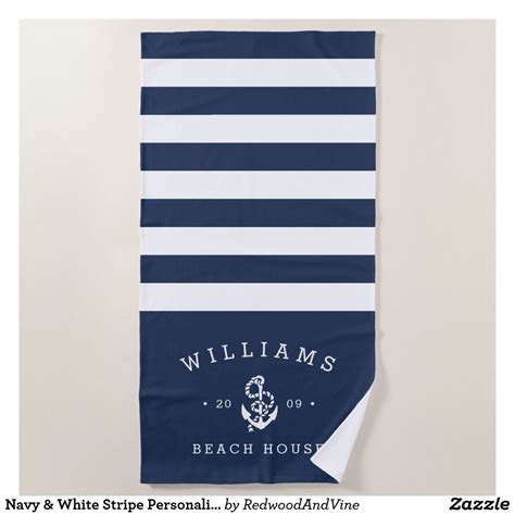 Navy And White Stripe Personalized Beach House Beach Towel