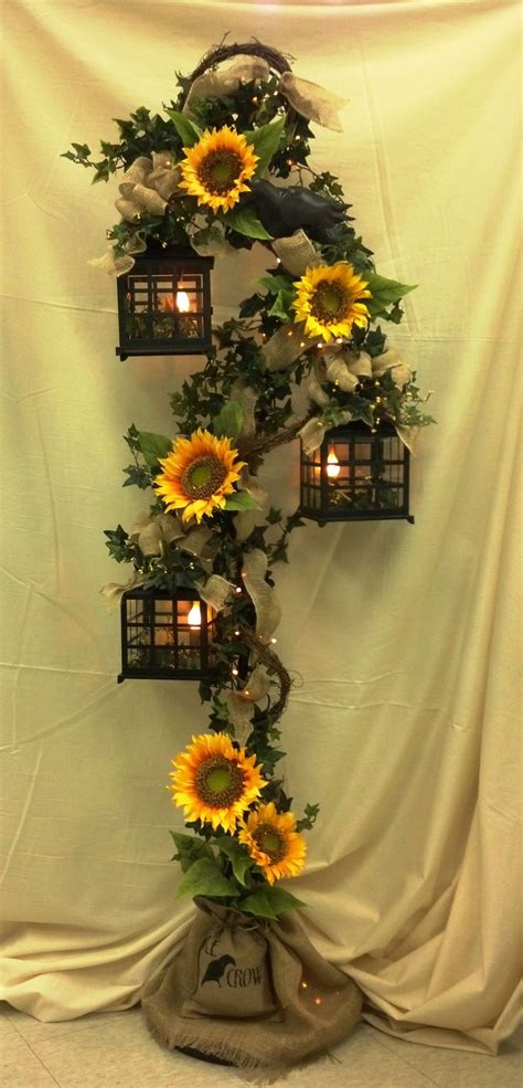 Gorgeous 3 Tier Lantern With Burlap Sunflowers And Crows