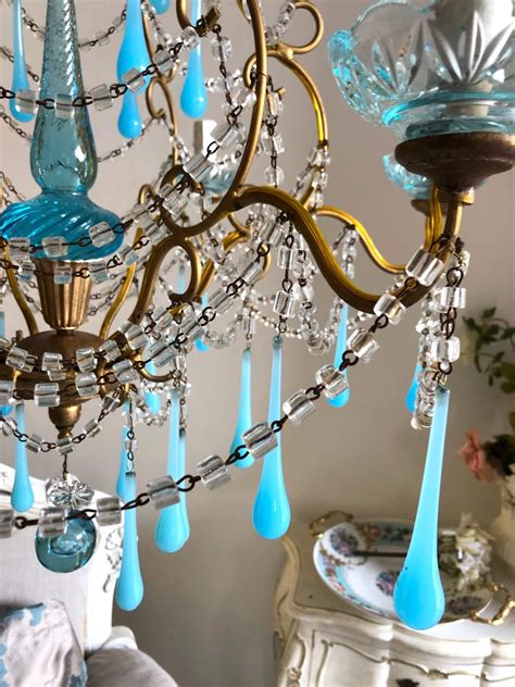 Rare Antique Turquoise Opaline Glass Murano Drops Gilt Chandelier