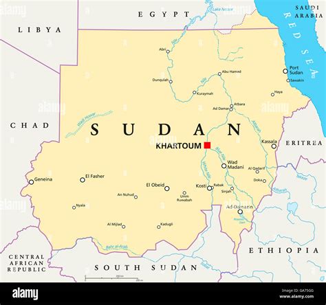 mapa político con capital de sudán jartum las fronteras nacionales importantes ciudades ríos