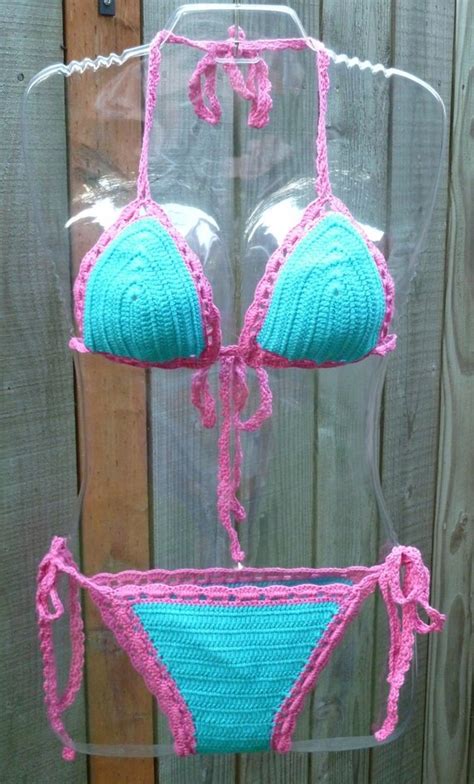 blue and pink crochet string bikini