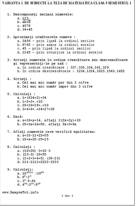 Teza Matematica Clasa 5 Sem 1 Varianta 1