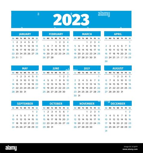calendario 2023 con las semanas comienzan el domingo imagen vector de stock alamy