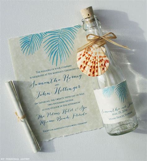 What a cute idea for a beach themed wedding! Beach Wedding Invitations Painted Palm Fronds Glass Bottles