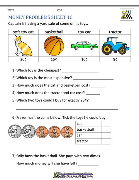 Worksheets For Money Grade 1 Canadian Money Worksheet P 8 Grade 1