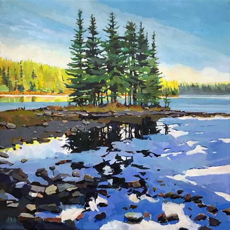 An Oil Painting Of Trees And Rocks In The Water Near A Shore With Snow