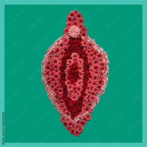 Flower Installation Of Vagina On Green Background Concept Of Labiaplasty Procedure Part Of