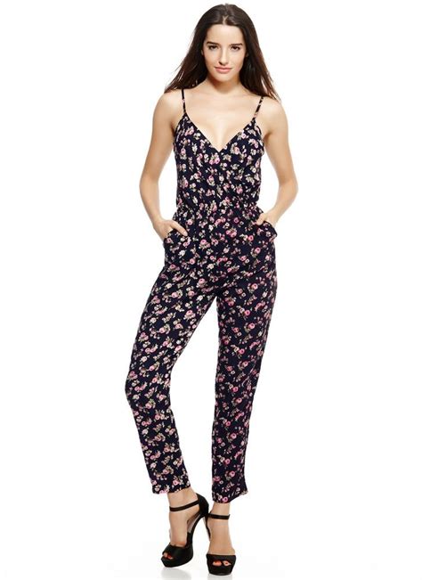 Dark Blue L Sexy Floral Print V Neck Wrap Front Spaghetti Straps Jumpsuits Chicuu