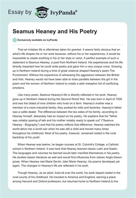 Seamus Heaney And His Poetry 969 Words Biography Essay Example