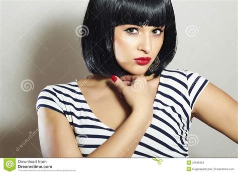 Beautiful Brunette Girl In Dress Black Hair Bob Haircut Red Lips