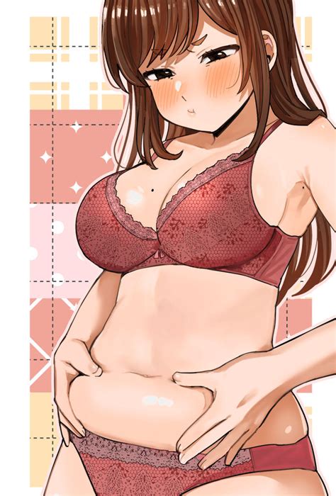 Yasuda Kousuke Original Official Art 1girl Armpits Belly Grab Blush Border Bra Breasts