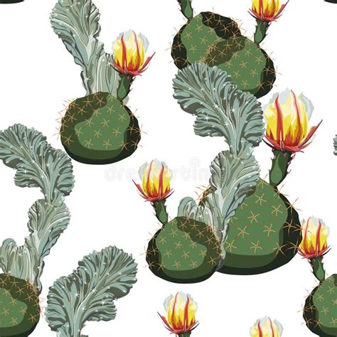 Seamless Pattern With Cacti In Bloom Vintage Botanical Illustration In
