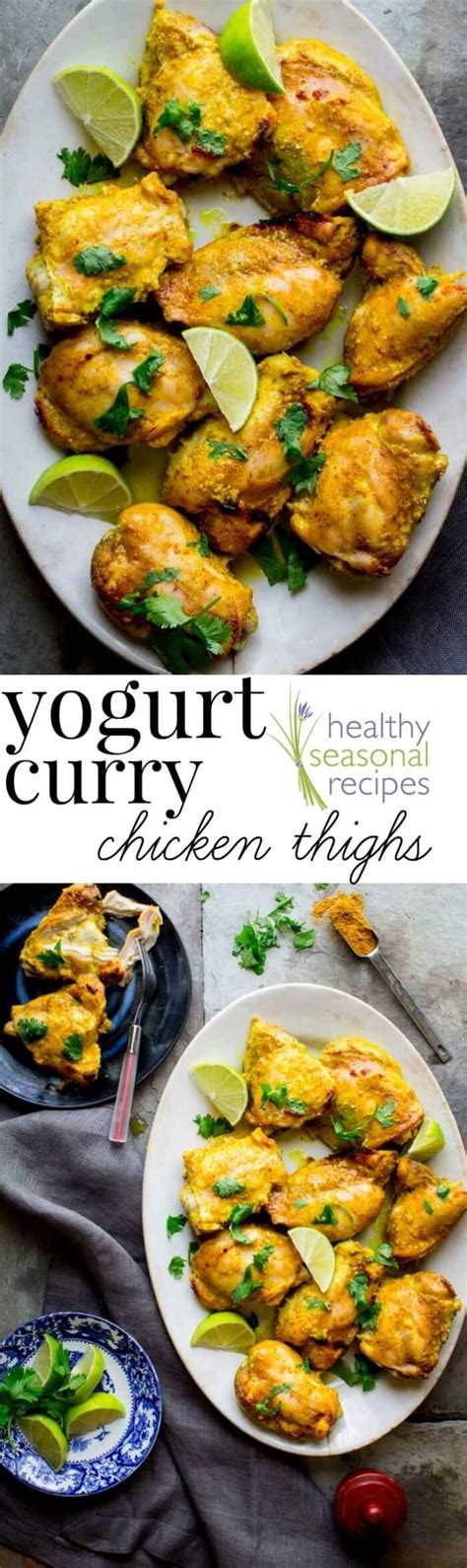 Toss chicken in marinade to fully coat. These yogurt curry marinated chicken thighs are super ...