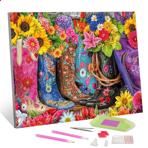 Tishiron Diamond Painting Kits 12x16 Inch 5d Diy Flowers And Boots Diamond Art Crafts Kit For