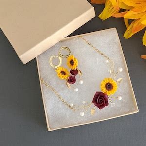 Sunflower Burgundy Rose Pearl Jewelry Set Sunflower Necklace Earrings