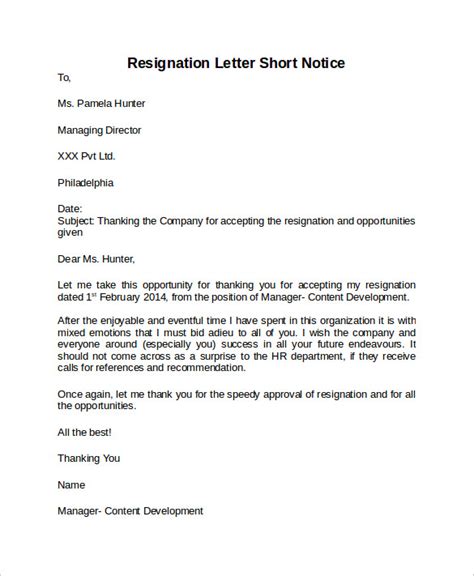 Free 6 Sample Resignation Letter Short Notice Templates In Ms Word Pdf