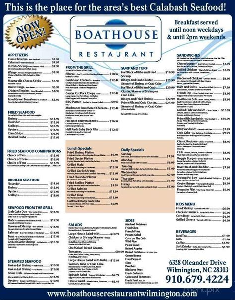 Menu Of Boathouse Restaurant In Wilmington Nc 28403