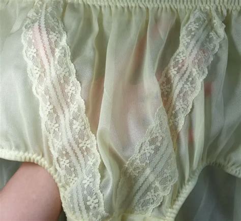 Vintage Nylon Lace Panties Yellow Bikini Granny Sheer Brief Size Hip