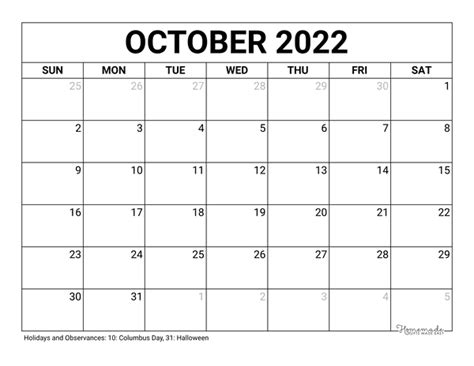 October 2022 Calendar Free Printable With Holidays