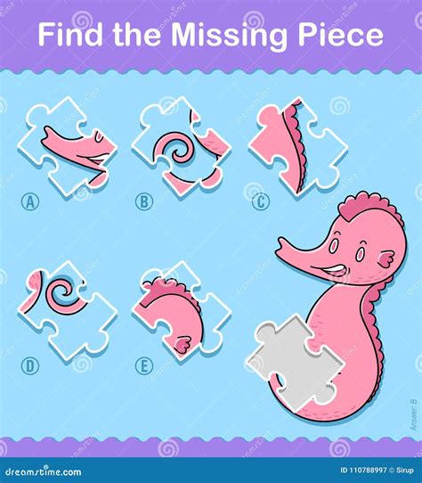 Find the Missing Piece Sea Horse Kids Puzzle Stock Vector