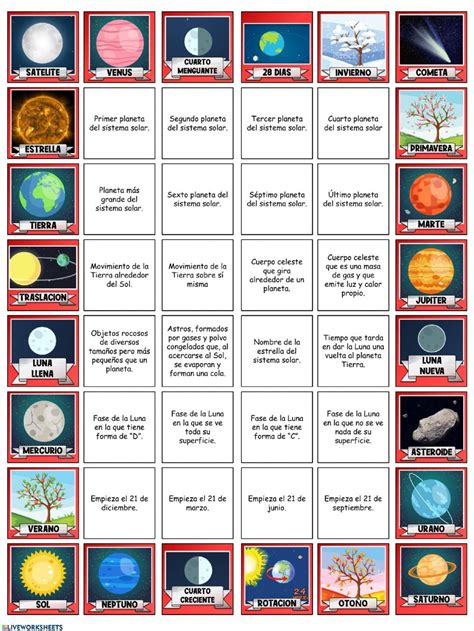 A continuación, aprenderemos más vocabulario sobre el sistema solar en inglés para niños. El sistema Solar ficha interactiva y descargable. Puedes ...