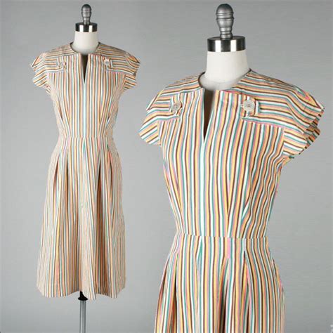 S A L E Vintage 1940s Dress Candy Stripe Cotton 3390