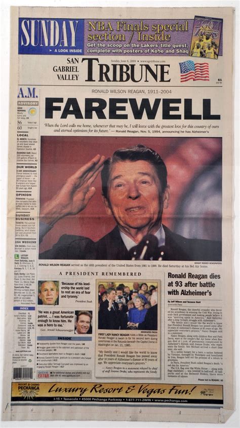President Ronald Reagan Dies Newspaper Front Pages President Ronald