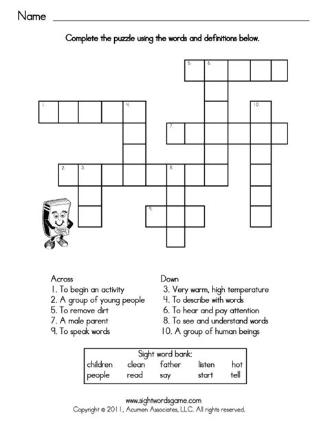 Sight Word Games Crossword Puzzles