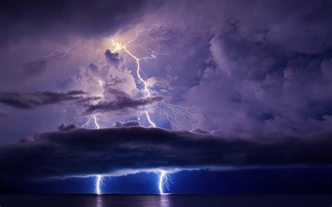 Night Sea Ocean Lightning Sky Clouds Wallpaper Nature And