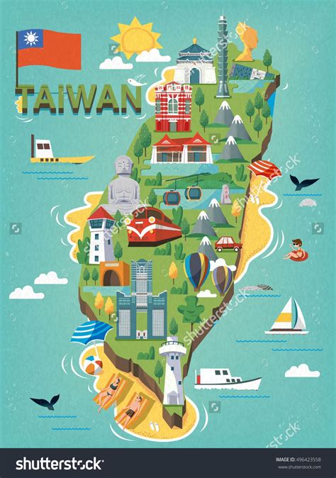 Taiwan Travel Map With Chinese Characters Writing Sun Moon Lake On The