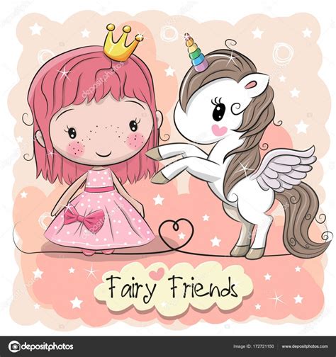 Cute Cartoon Fairy Tale Princess And Unicorn — Stock Vector