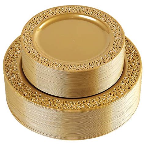 102 Pieces Solid Gold Disposable Plates Lace Design Plastic Plates