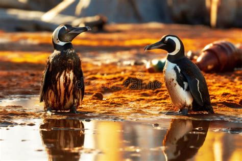 Oil Covered Penguins Stand On A Muddy Shoreline Oil Spill Damage Stock