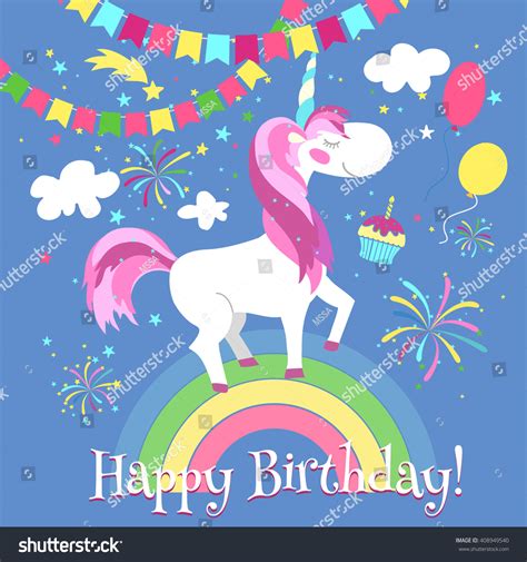 Celebrate someone's day of birth with rainbow unicorn birthday cards & greeting cards from zazzle! Happy Birthday Card Cute Unicorn On Stock Vector 408949540 ...