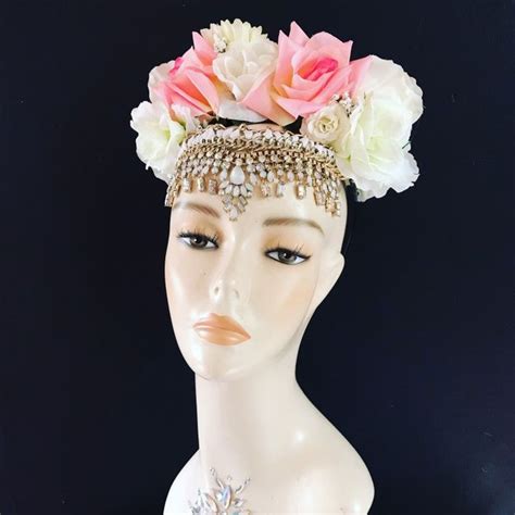 White Pink Jewel Flower Floral Crown Head Dress Wedding Etsy Pink