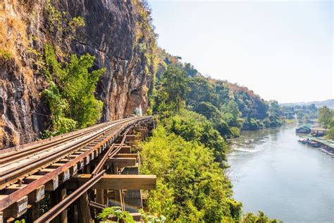 The Death Railway Crossing Kwai River In Kanchanaburi Thailand