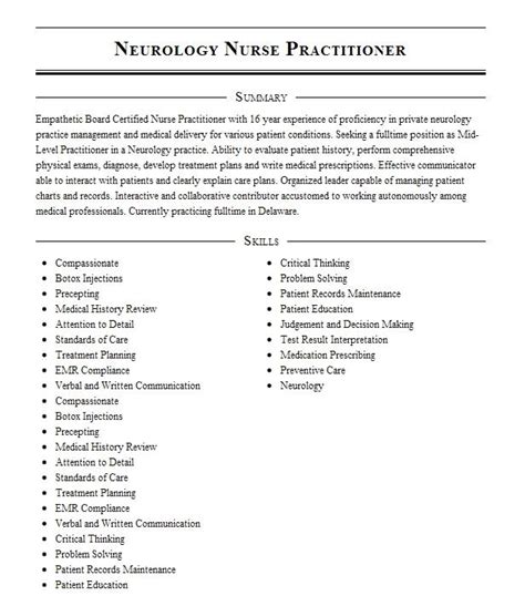 Neurology Nurse Practitioner Resume Example