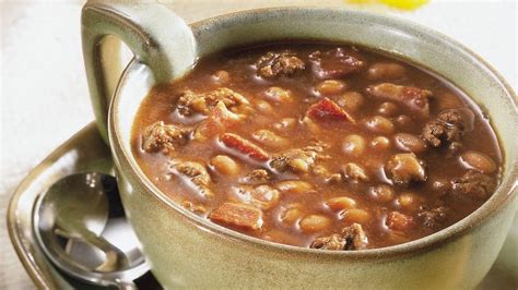 The beans are seasoned with onion, bell pepper, spices, hot. Baked Bean Soup recipe from Betty Crocker