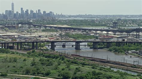 48k Stock Footage Aerial Video Of A Small Bridge Over The Passaic