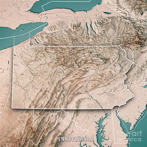 Pennsylvania State Usa 3d Render Topographic Map Neutral Border Digital