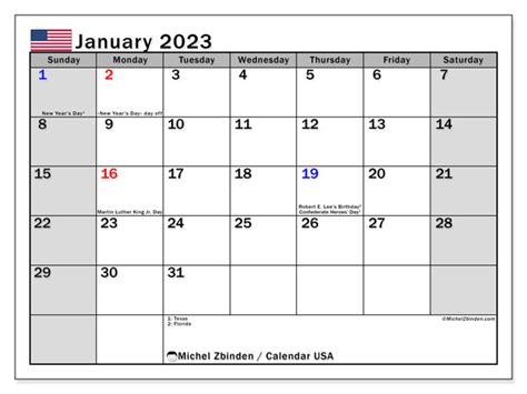 Calendar January 2023 Usa Michel Zbinden Us