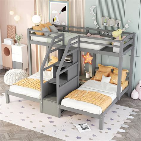 Triple Bunk Bed With Stairs Twin Bunk Beds For 3 Wooden Bunk Bed With Built In Staircase And