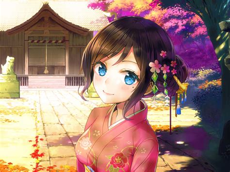 Download 1600x1200 Wallpaper Blue Eyes Cute Anime Girl Original Traditional Clothes